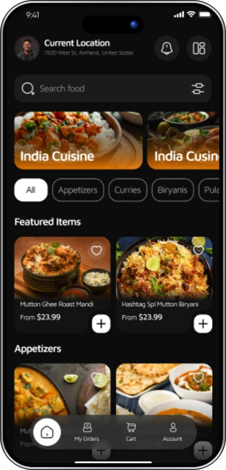 Hashtag India app: menu with featured dishes