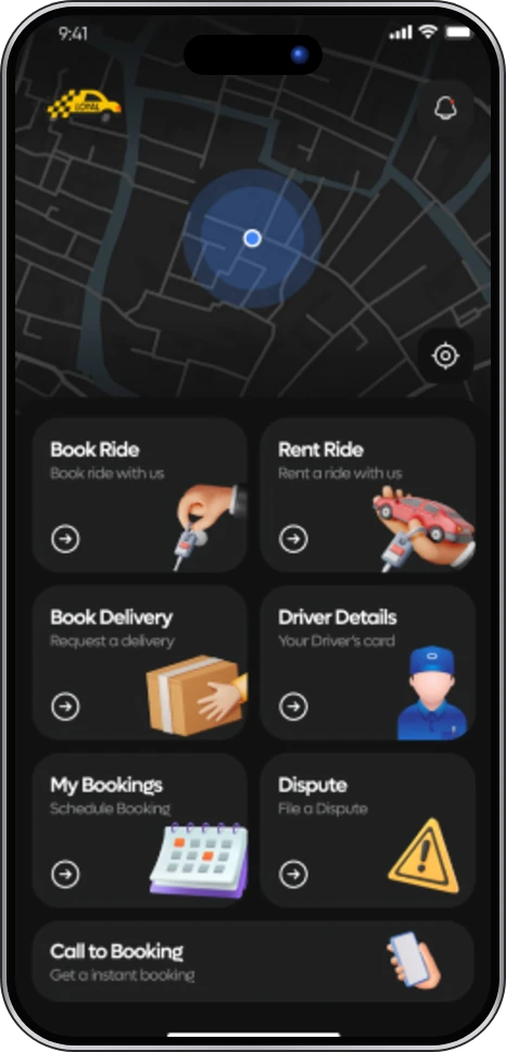Loyal Taxi app: home screen with ride options