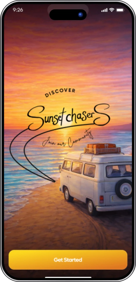 Sunset Chasers app: welcome screen